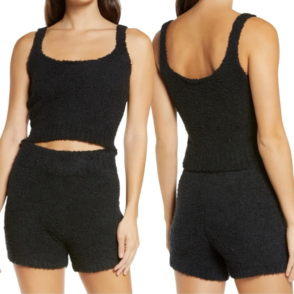 Skims Cozy Knit Tank and Short Lounge Matching Set Black Onyx Plus